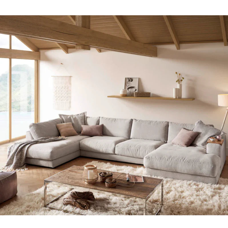 Sofa U Shape - Natural Wood - Multi Fabrics - Grey - 350 x 180 x 160 x 90 x 80 cm