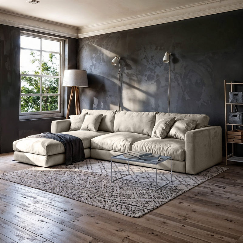 Sofa L Shape - Beech Wood - Linen Fabric - Multi Color - 250x150x75x85 cm