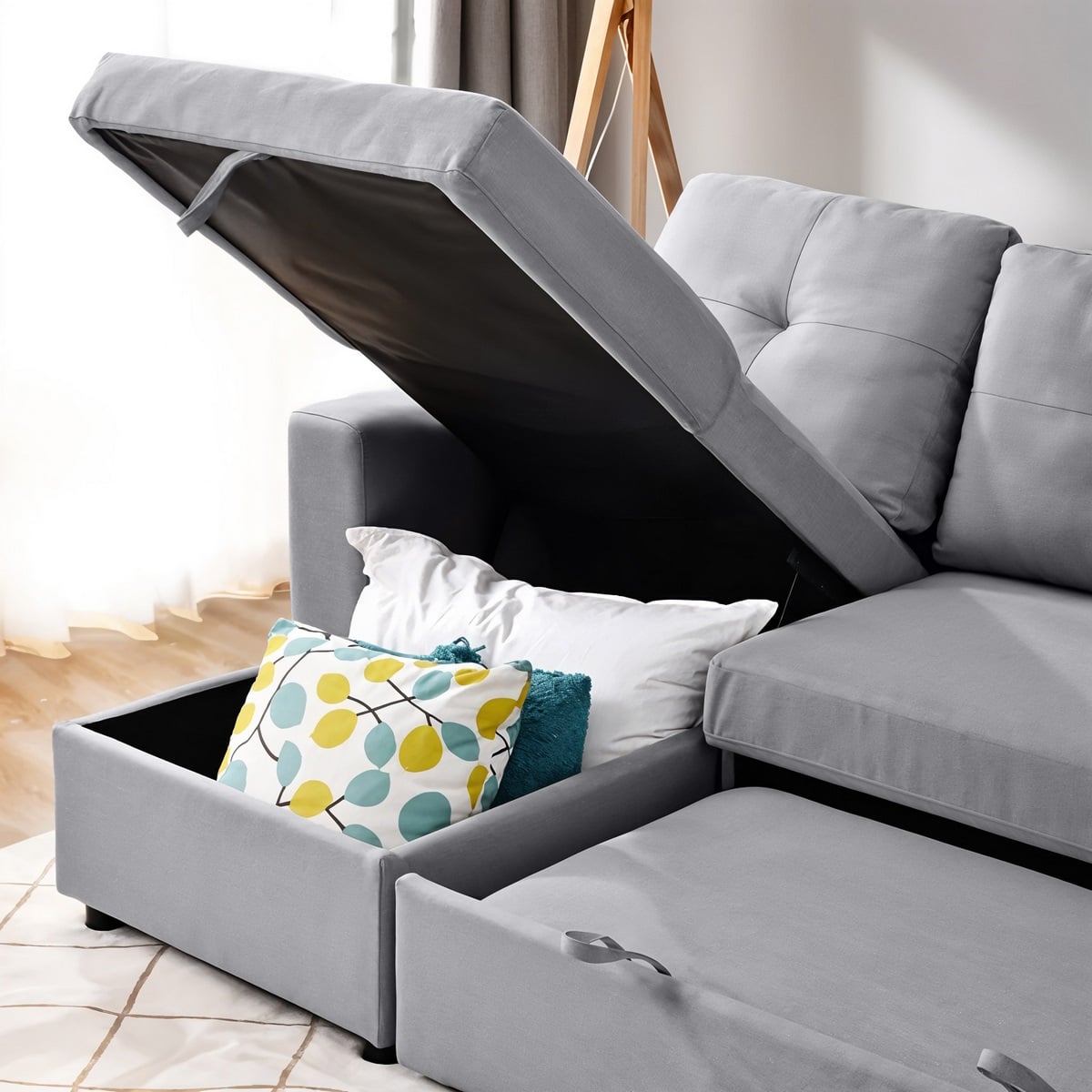 Sofa Bed - Natural Wood - Multi Color - Linen -  280x90x150 cm