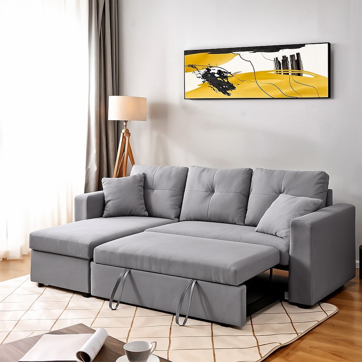 Sofa Bed - Natural Wood - Multi Color - Linen -  280x90x150 cm