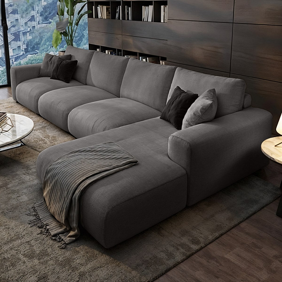 Sofa L Shape & Free Chandelier - Beech Wood - Linen Fabric - Multi Color - 350x180x90x75 cm