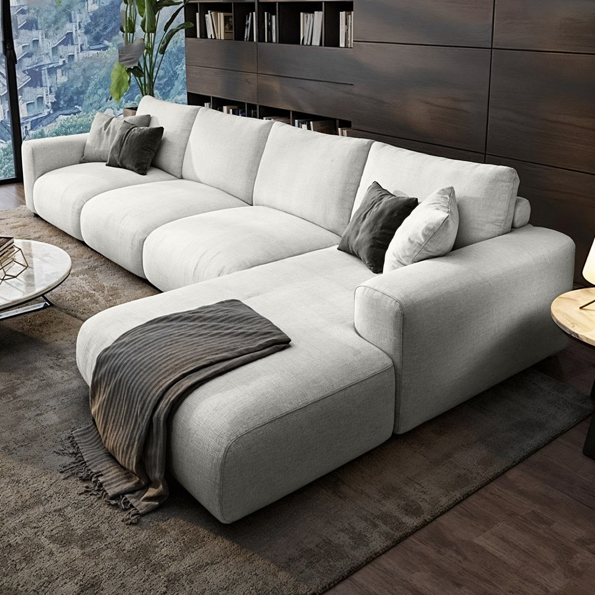 Sofa L Shape & Free Chandelier - Beech Wood - Linen Fabric - Multi Color - 350x180x90x75 cm