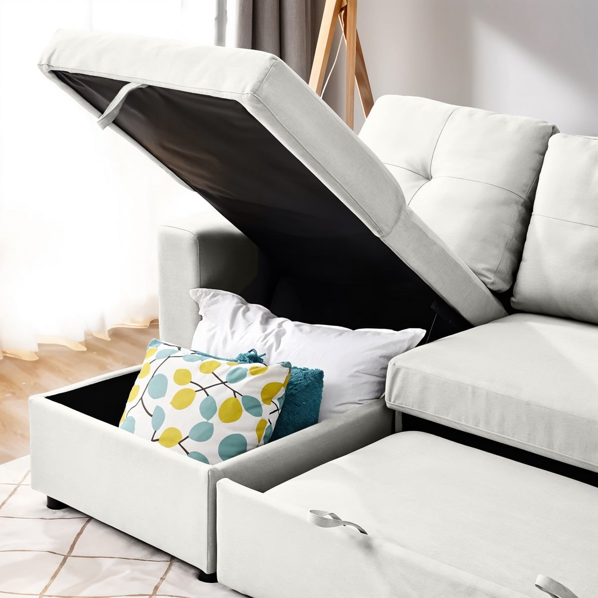 Sofa Bed - Natural Wood - Multi Color - Linen -  280x90x150 cm