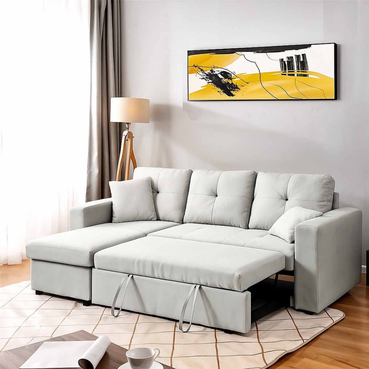 Sofa Bed - Natural Wood - Multi Color - Linen -  280x90x150 cm