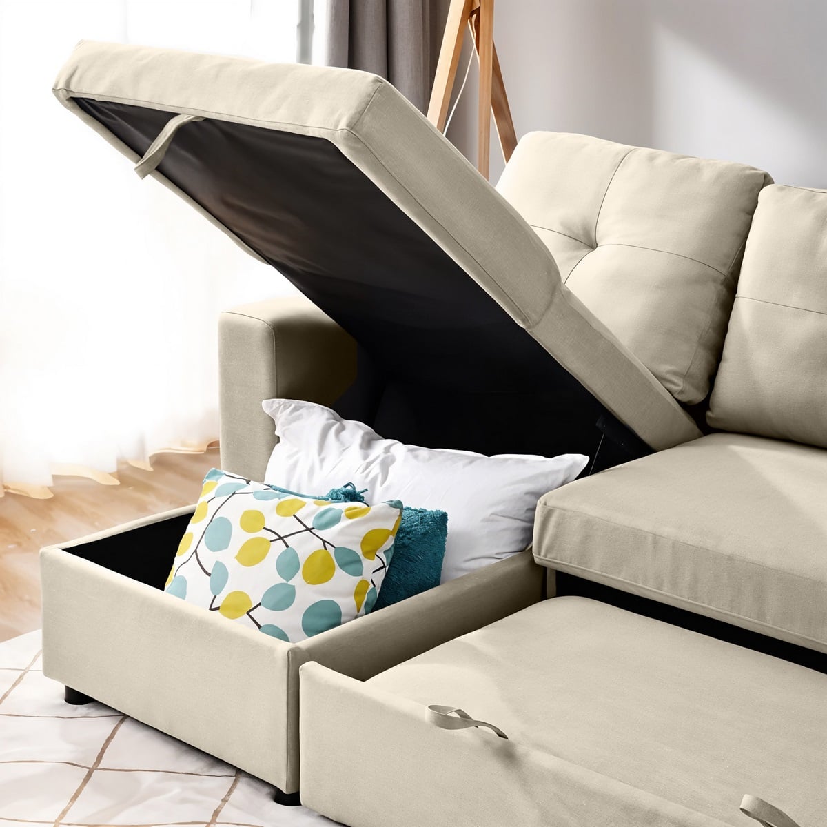 Sofa Bed - Natural Wood - Multi Color - Linen -  280x90x150 cm