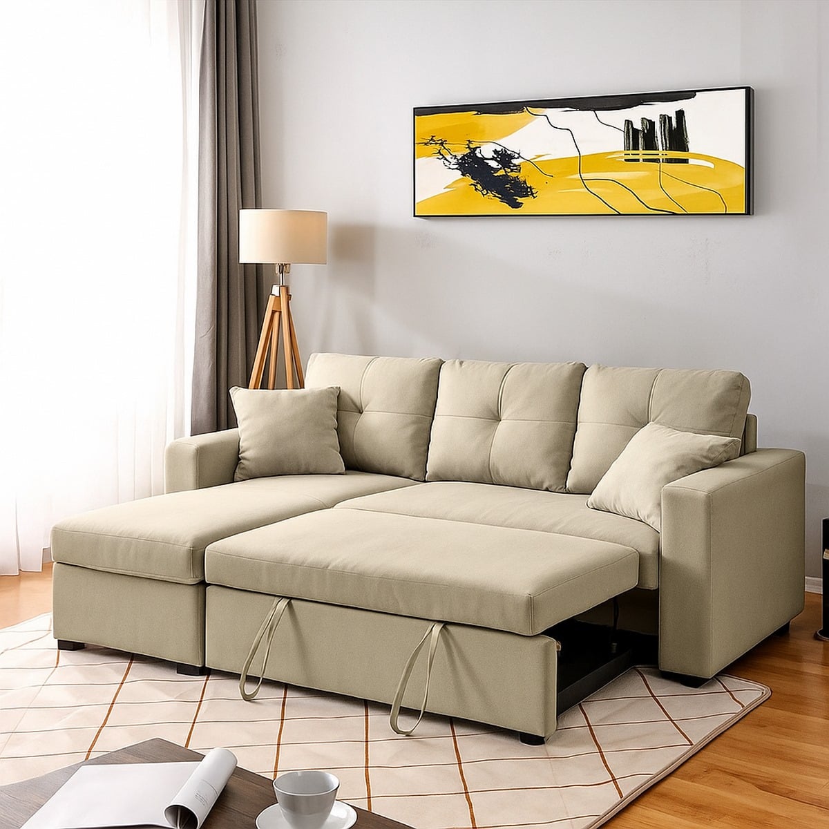 Sofa Bed - Natural Wood - Multi Color - Linen -  280x90x150 cm