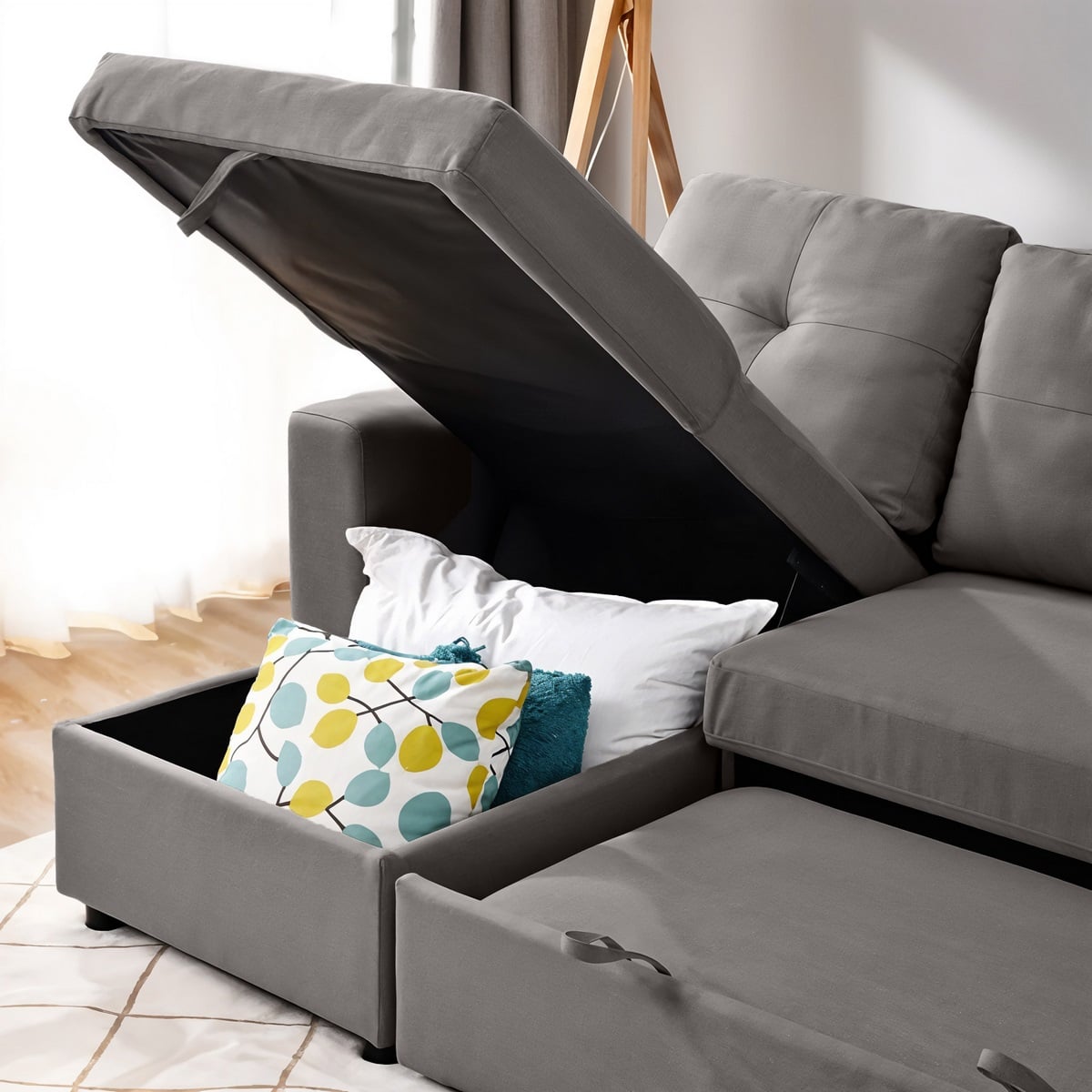 Sofa Bed - Natural Wood - Multi Color - Linen -  280x90x150 cm