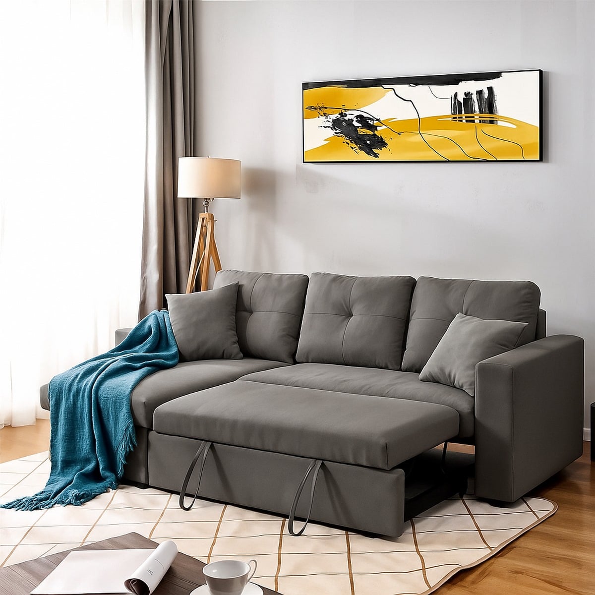 Sofa Bed - Natural Wood - Multi Color - Linen -  280x90x150 cm