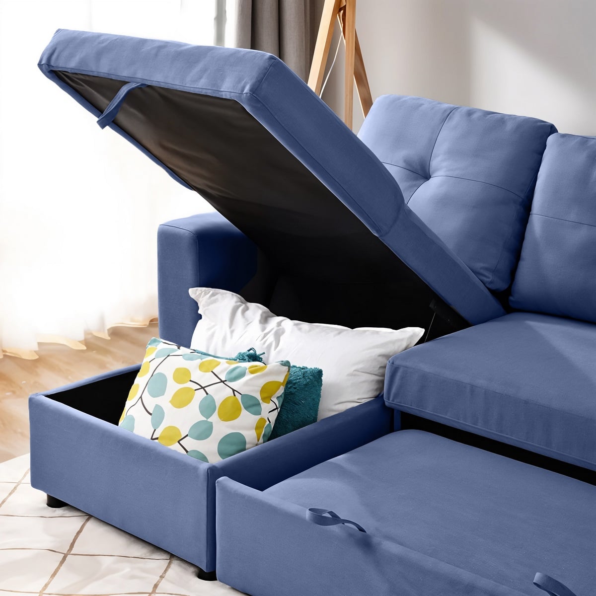 Sofa Bed - Natural Wood - Multi Color - Linen -  280x90x150 cm