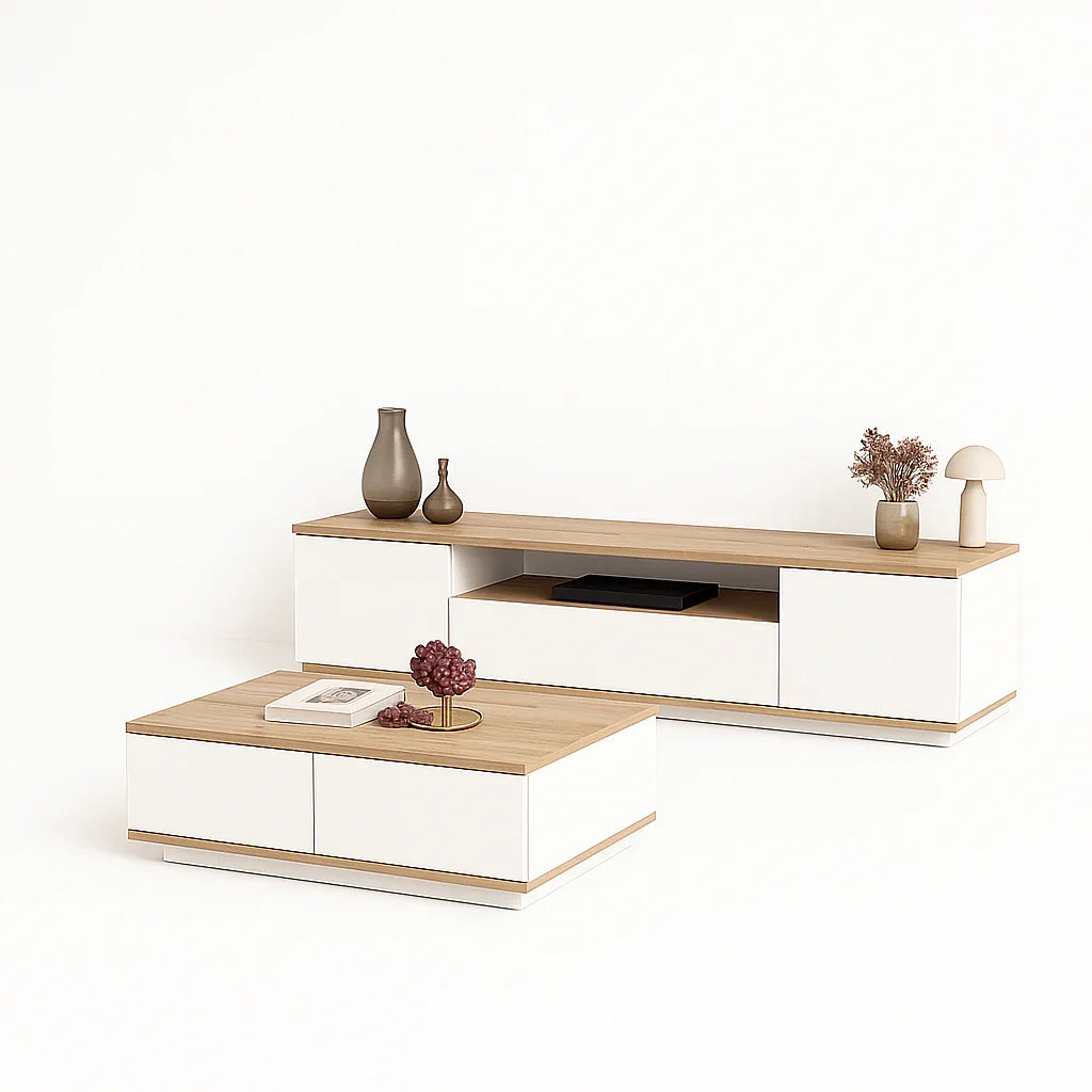 Bundle (TV Unit & Coffee Table) - MDF Wood - White & Beige - Cataloug