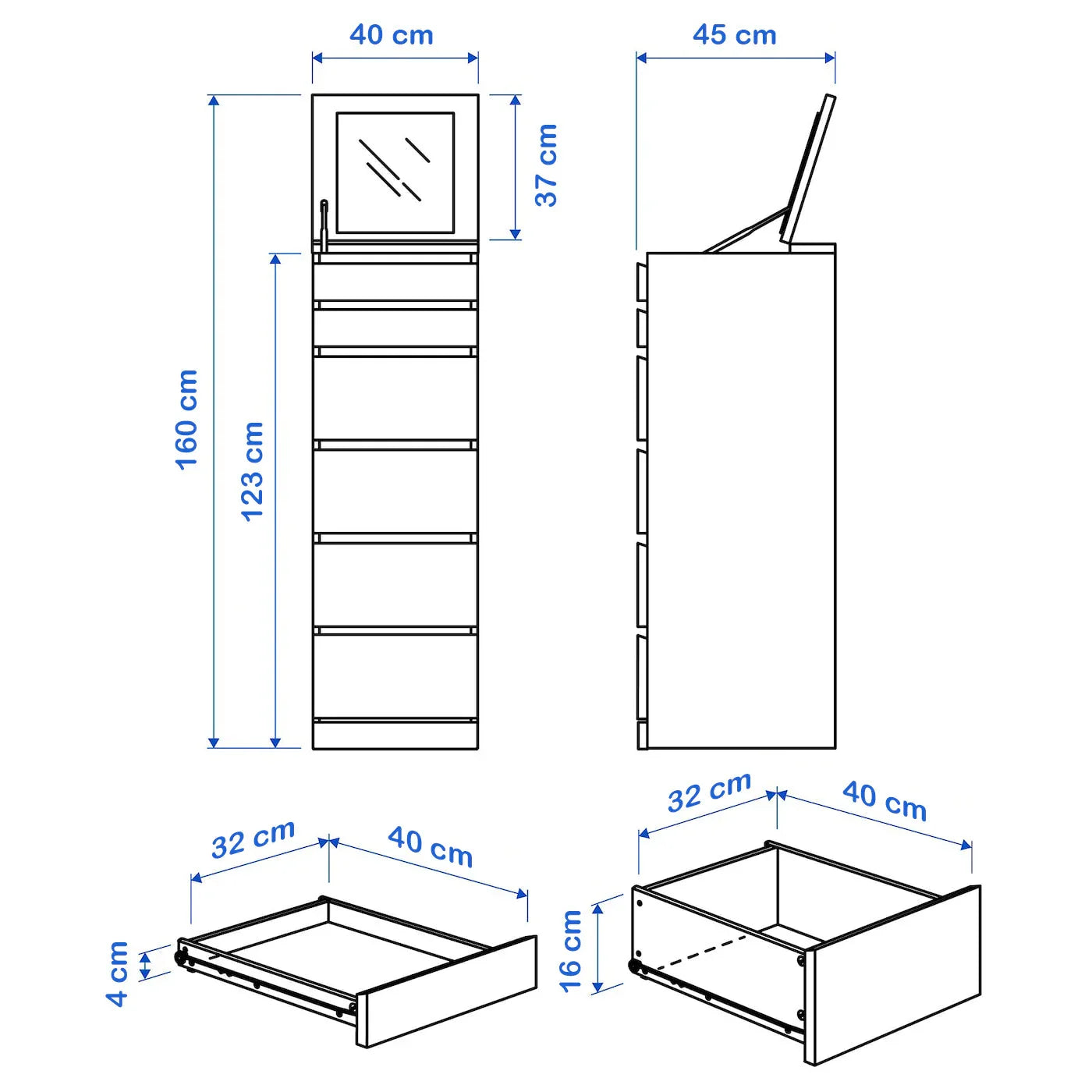 Drawer Unit with Mirror - MDF Wood - White - 45x40x123 cm - Cataloug
