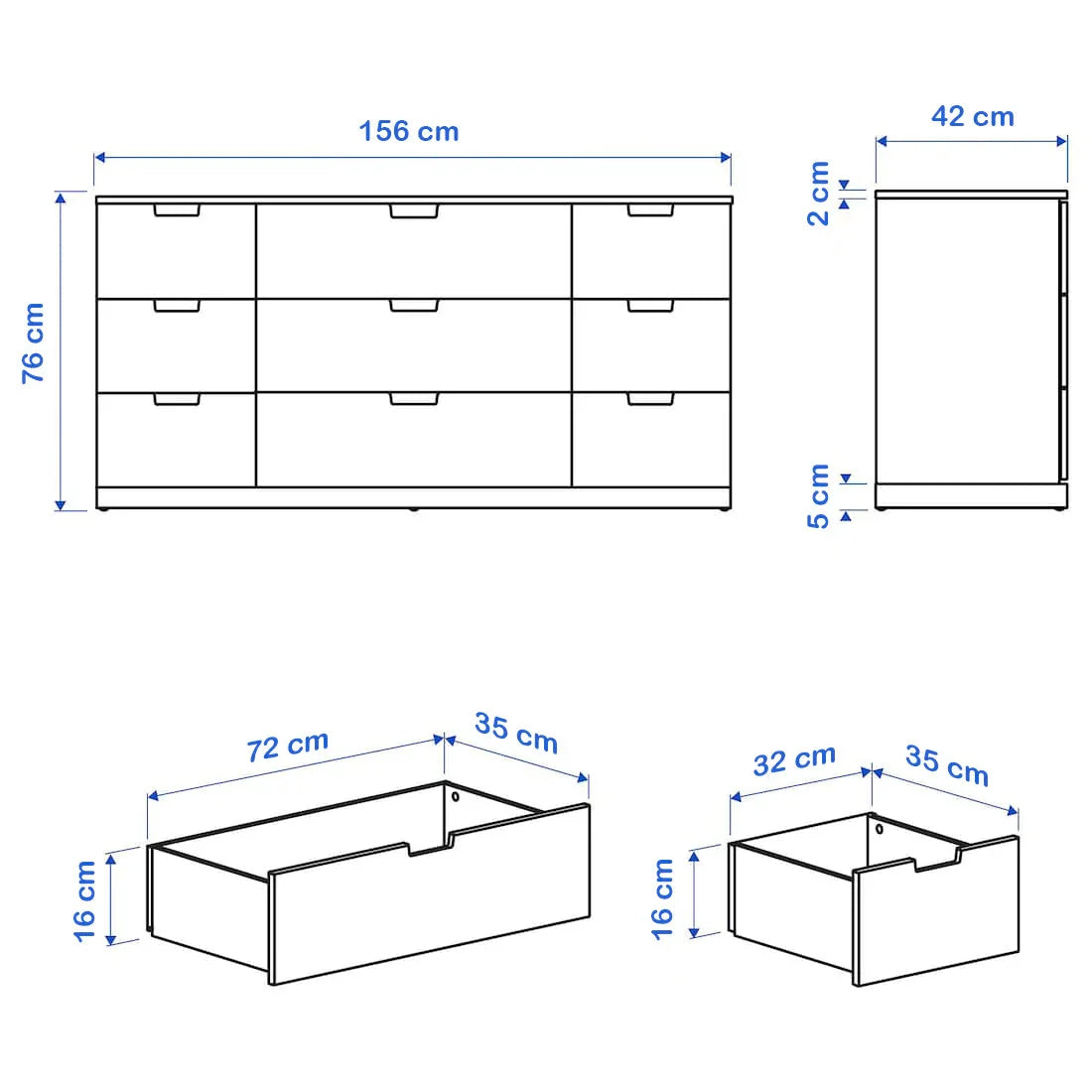 Drawer Unit - MDF Wood - White - 156x42x76 cm - Cataloug