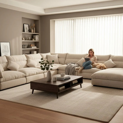 Sofa L Shape - Natural Wood - Linen - Beige - 370 x 370 x 90 x 80 cm