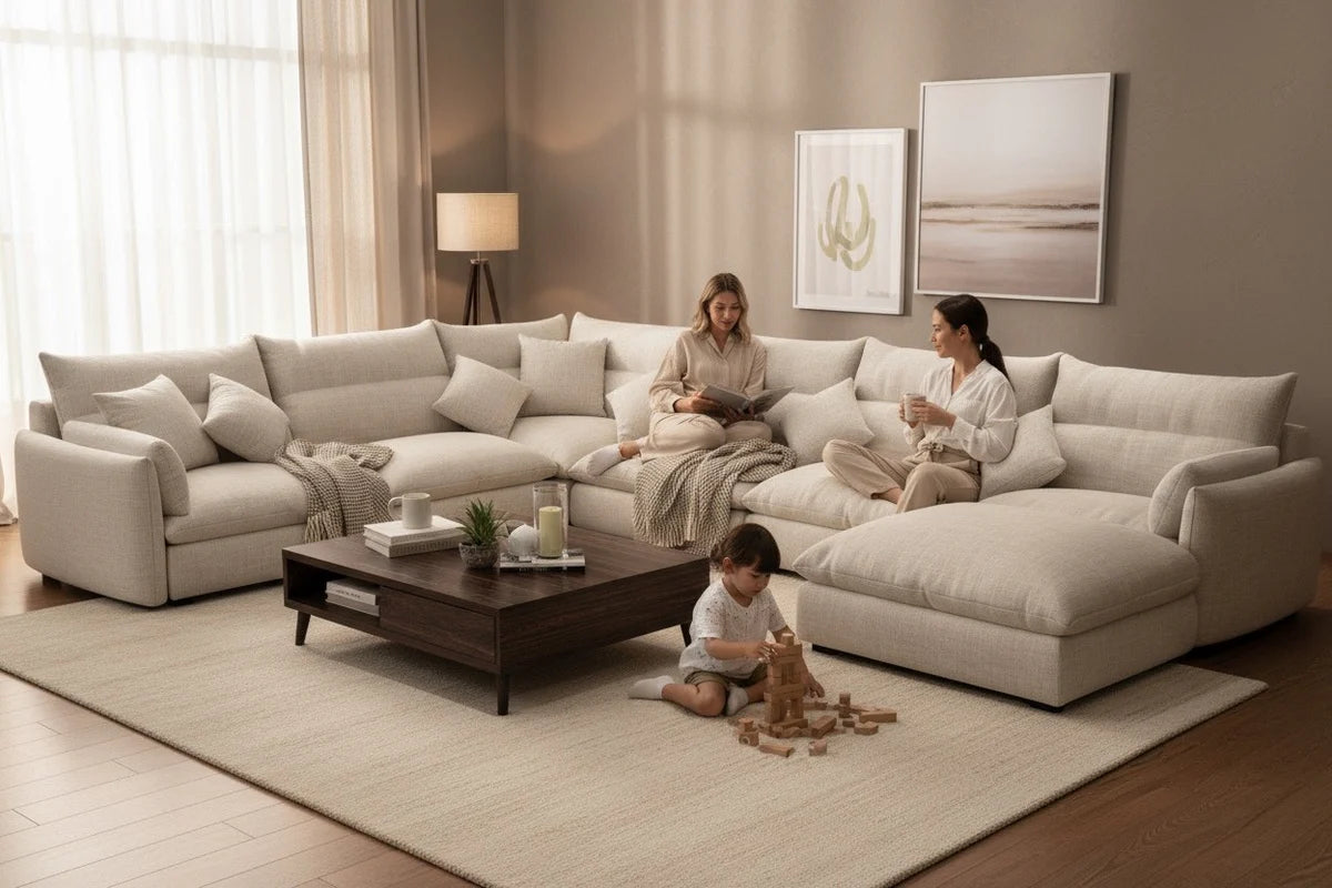 Sofa L Shape - Natural Wood - Linen - Beige - 370 x 370 x 90 x 80 cm