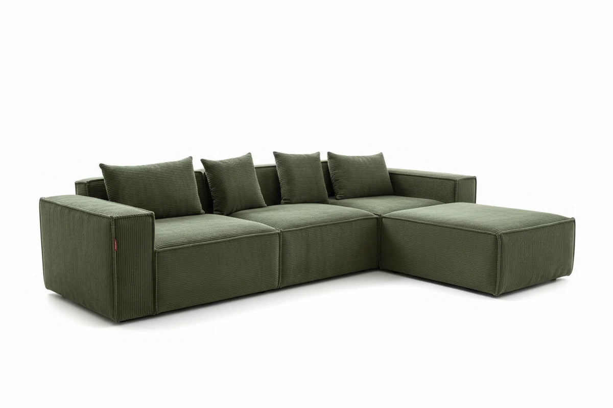 Sofa L Shape - Natural Wood - Linen - Green - 300 x 200 x 90 x 65 cm