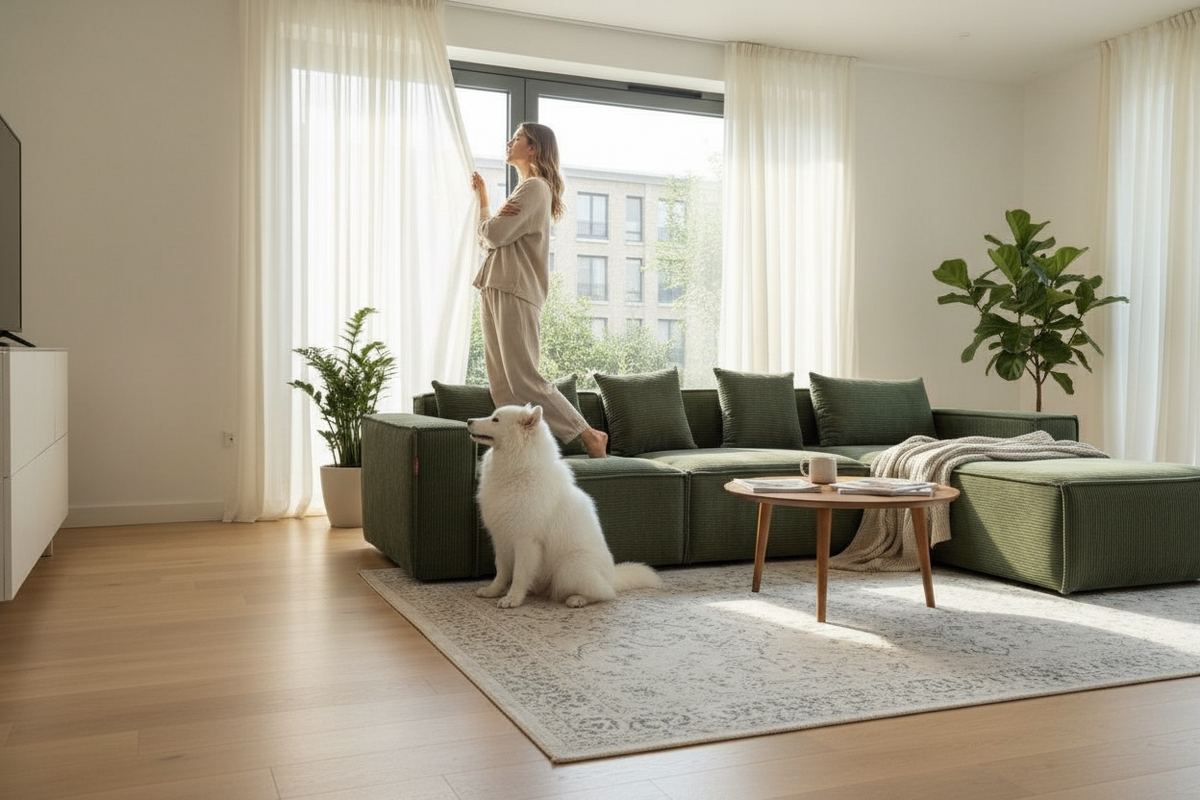 Sofa L Shape - Natural Wood - Linen - Green - 300 x 200 x 90 x 65 cm