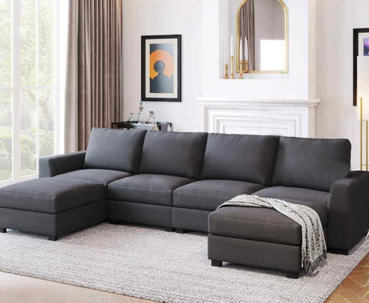 Sofa - 4 seat & 2 Pouf - Beech Wood - Gray - 270x80x85 cm