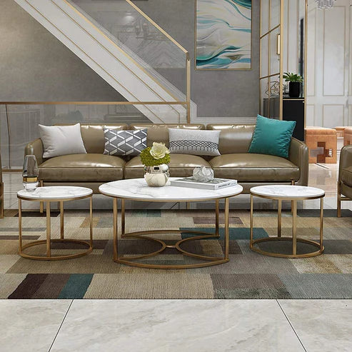 Coffee Table - 3 Pieces - Steel - White & Gold - Multi Size