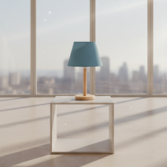 Table lamp with a blue shade and wooden base on a white background