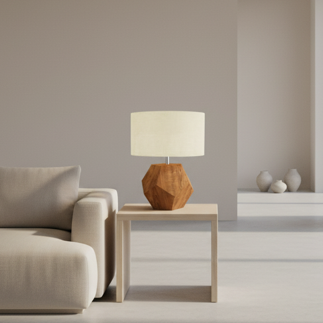 Table lamp with wooden base and beige shade on a white background