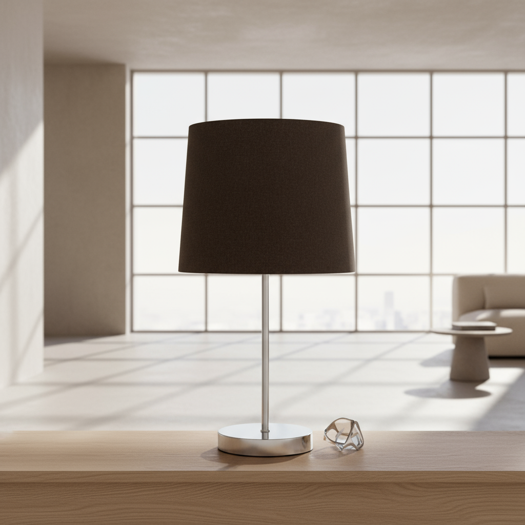 Table lamp with a dark brown shade on a wooden surface against an orange wall