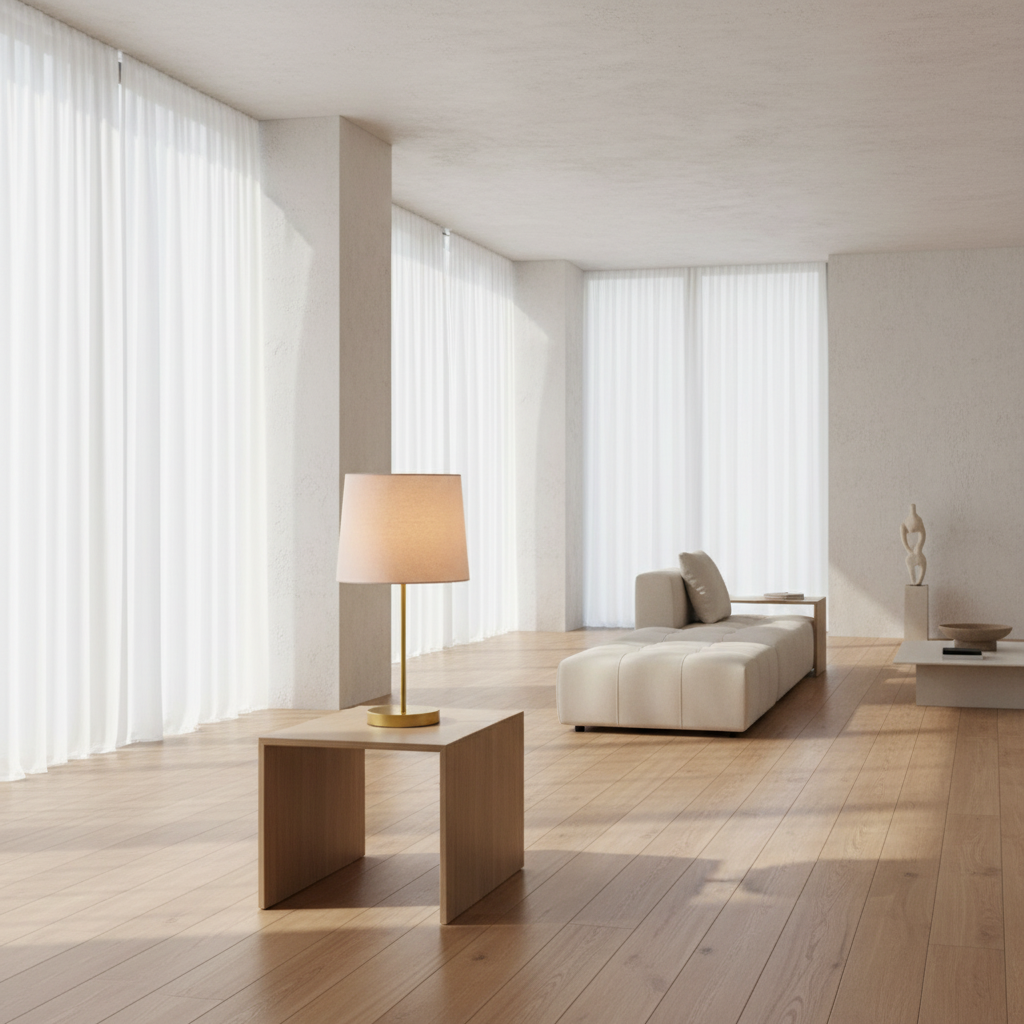 Table lamp with a pink shade and gold base on a white surface with a light gray textured wall background