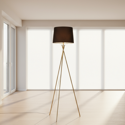 Tall floor lamp with a dark brown lampshade in a room with white walls and framed pictures.