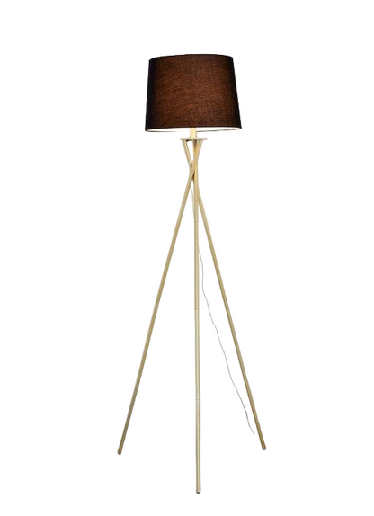 Tall floor lamp with a dark brown lampshade in a room with white walls and framed pictures.