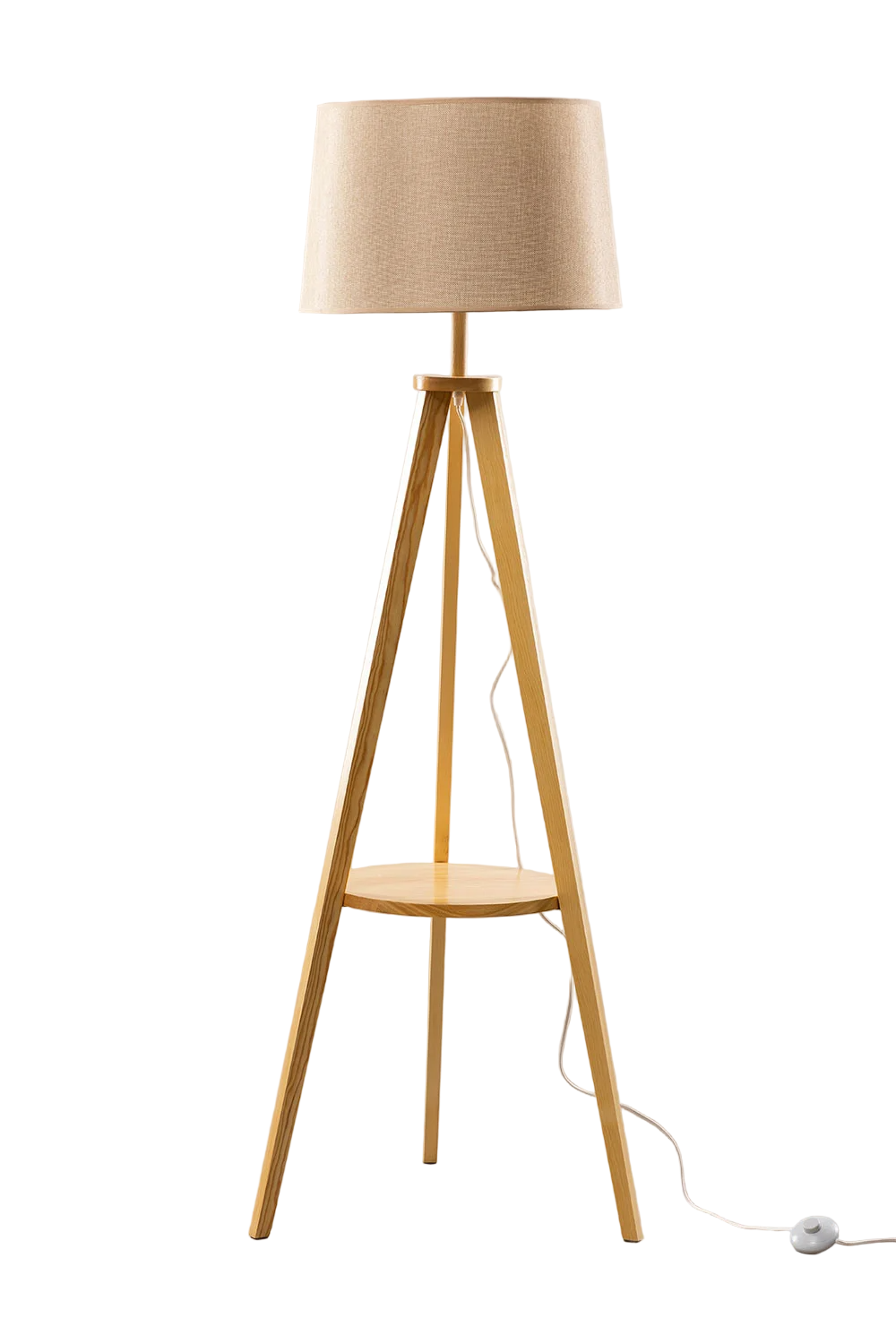 Wooden floor lamp with a beige shade on a neutral background