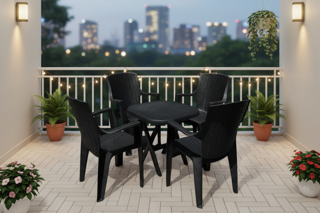 Outdoor set: 4 chairs + table - Plastic - Black