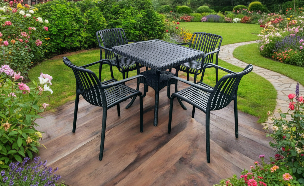 Outdoor set: 4 chairs + table - Plastic - Black