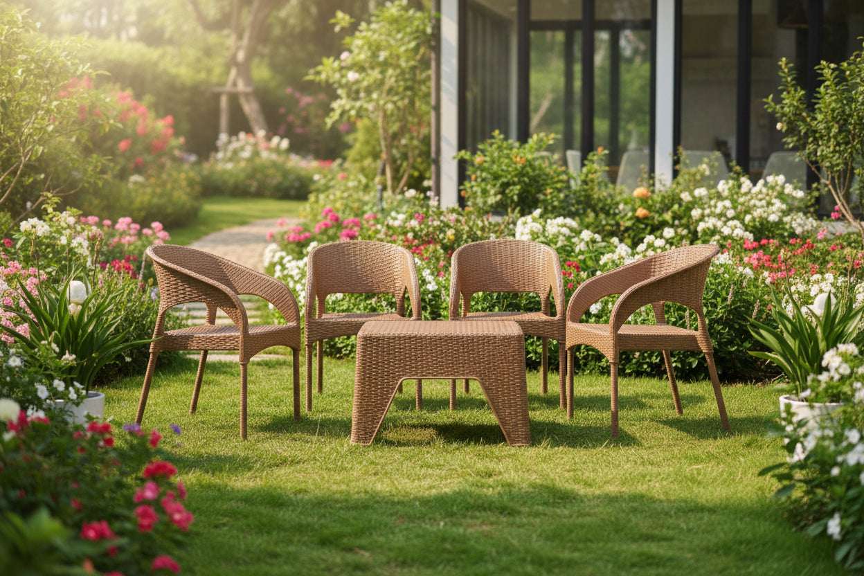 Outdoor set: 4 chairs + table - Plastic - Beige