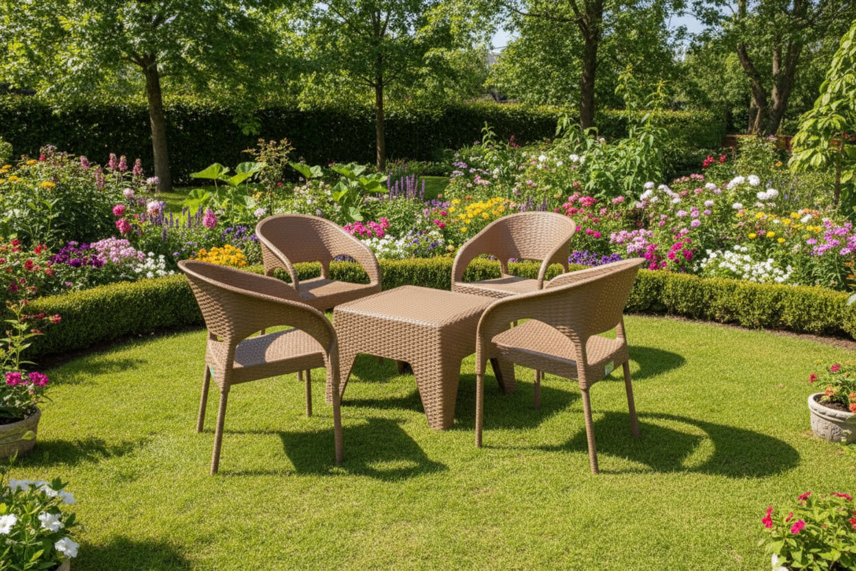 Outdoor set: 4 chairs + table - Plastic - Beige