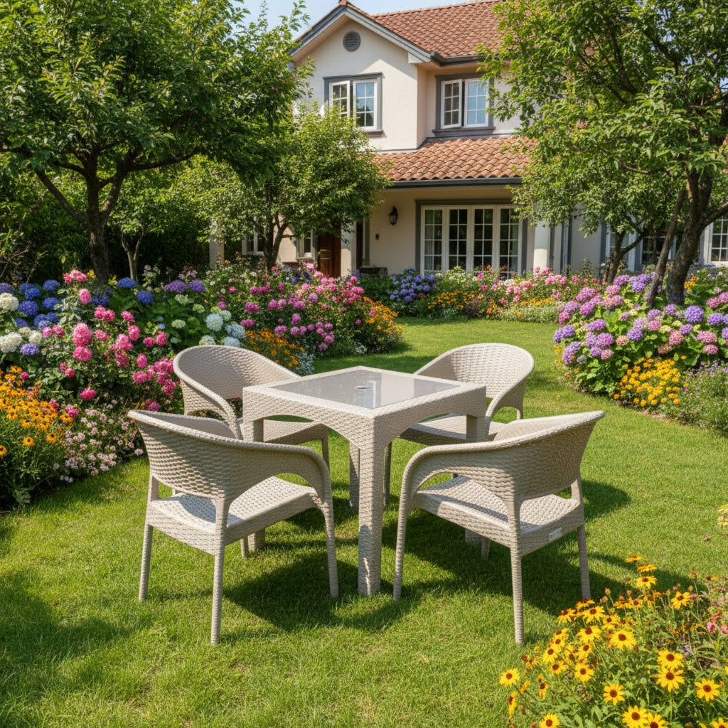Outdoor set: 4 chairs + table - Plastic - Beige