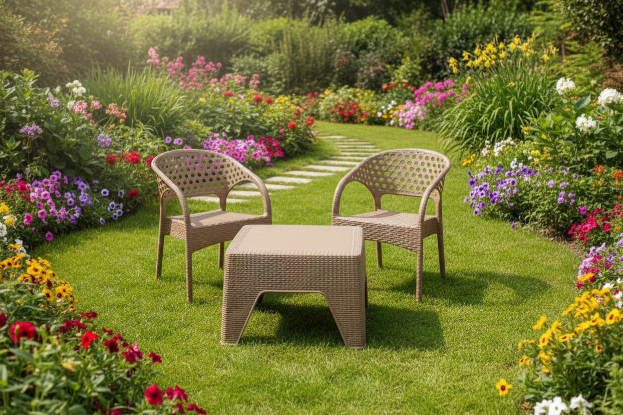 Outdoor set: 4 chairs + table - Plastic - Beige
