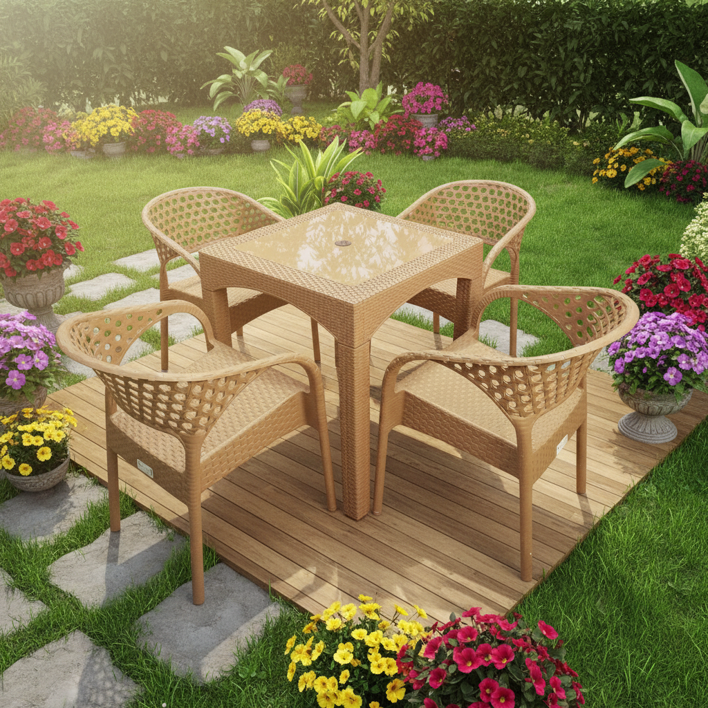 Outdoor set: 4 chairs + table - Plastic - Beige