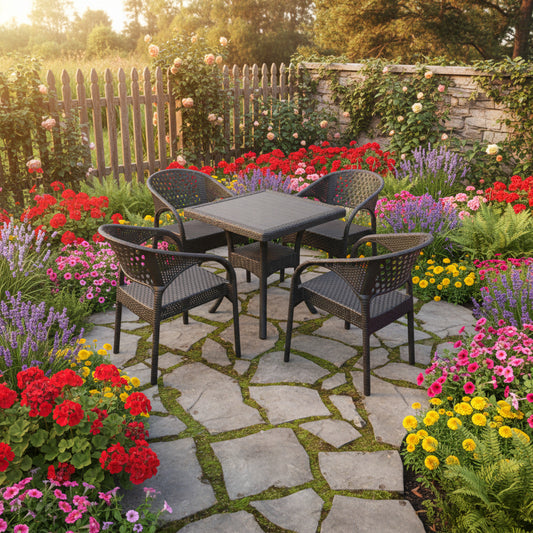 Outdoor set: 4 chairs + table - Plastic - Black