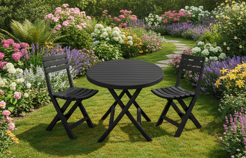 Outdoor set: 2 chairs + table - Plastic - Black.