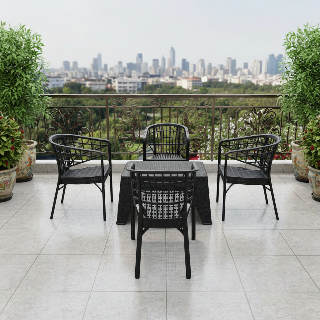 Outdoor set: 4 chairs + table - Plastic - Black