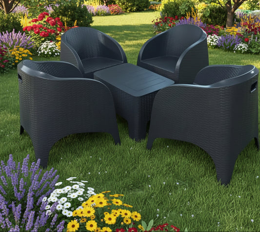 Outdoor set: 4 chairs + table - Plastic - Black.
