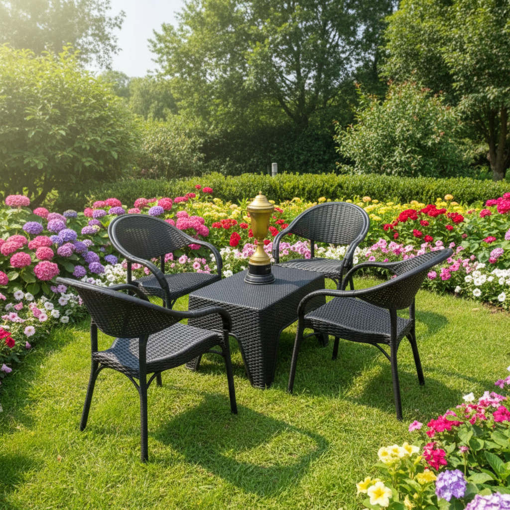 Outdoor set: 4 chairs + table - Plastic - Black