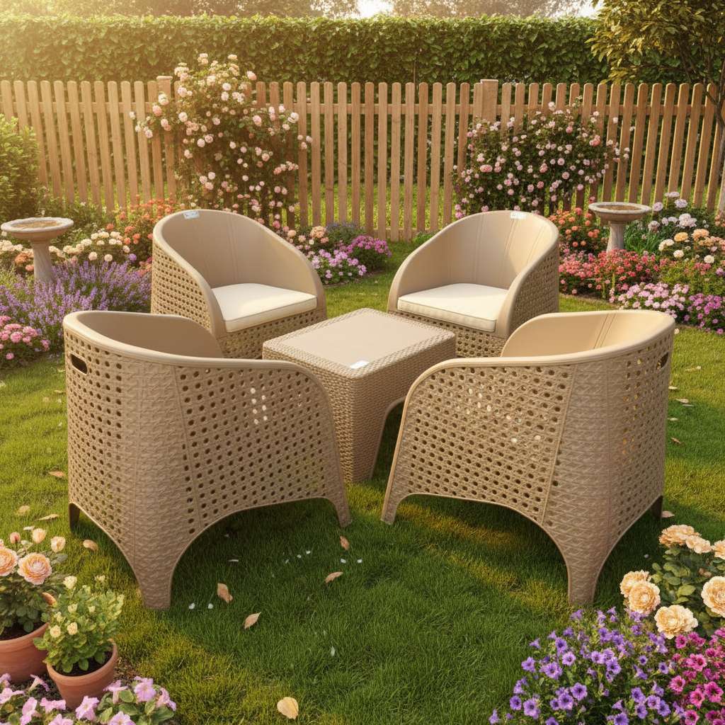 Outdoor set: 4 chairs + table - Plastic - Beige