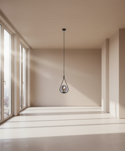 Spherical pendant light with a bulb inside on a white background