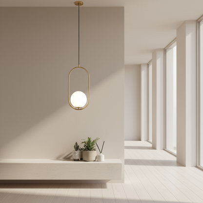 Modern pendant light with a gold frame and white bulb against a gray wall.