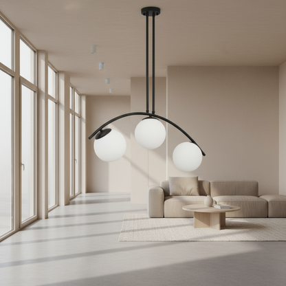 Modern pendant light fixture in a living room setting