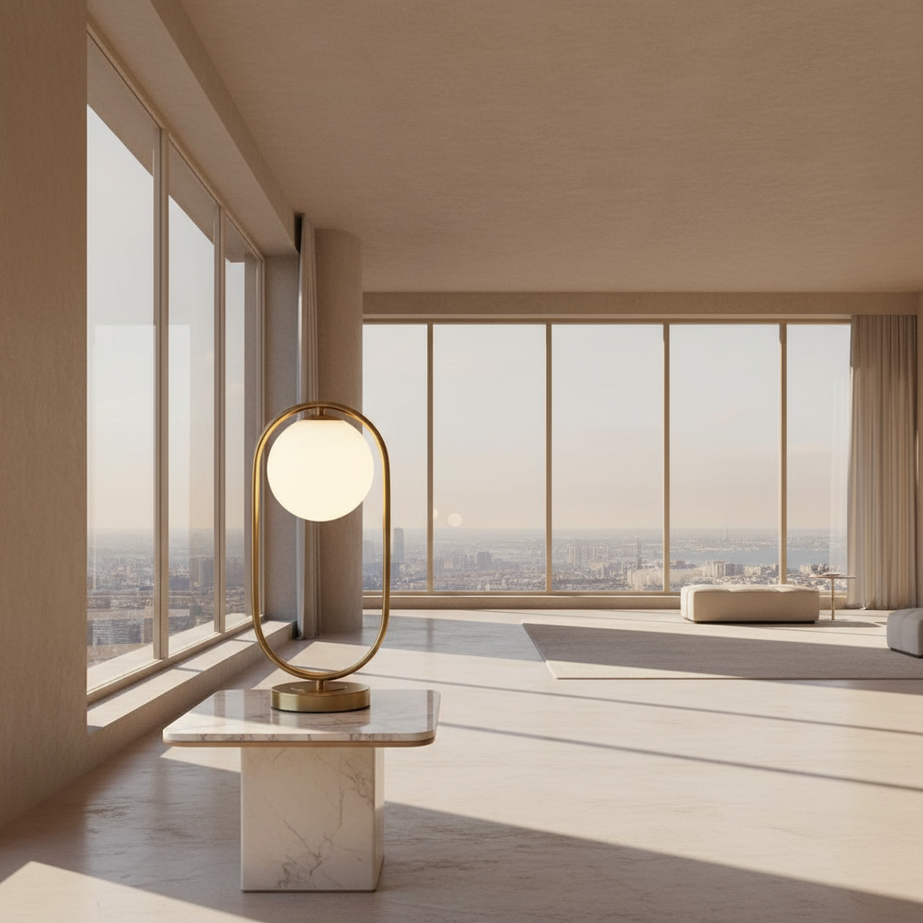Gold table lamp with a round glass shade on a glass table against a beige wall.