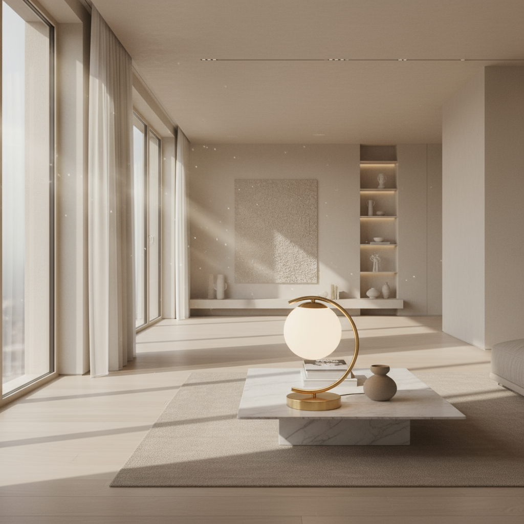 Gold table lamp on a nightstand with a soft light