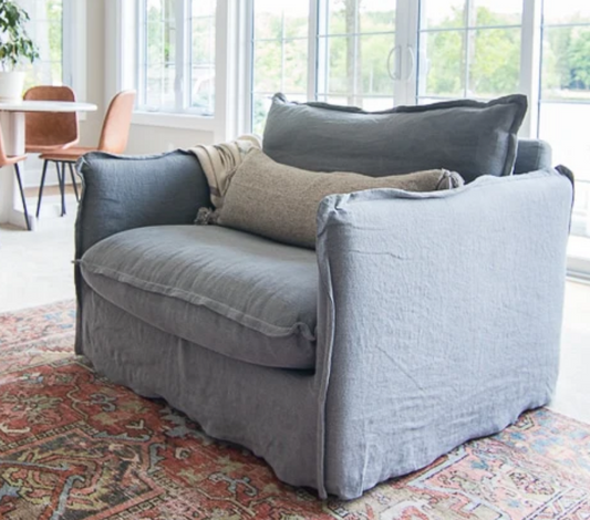 Arm Chair - Natural Wood - Linen - Blue - 100x97x90 cm