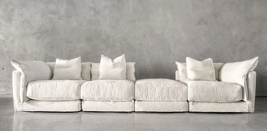 Sofa - Natural Wood - Linen - White - 407x112x71 cm