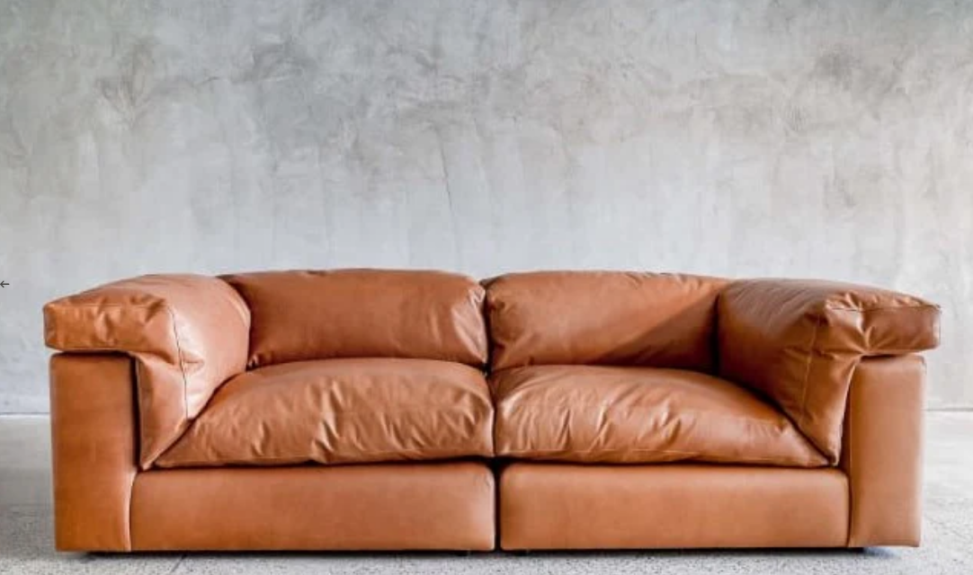 Sofa - Natural Wood - Leather - Camel - 254x107x74 cm